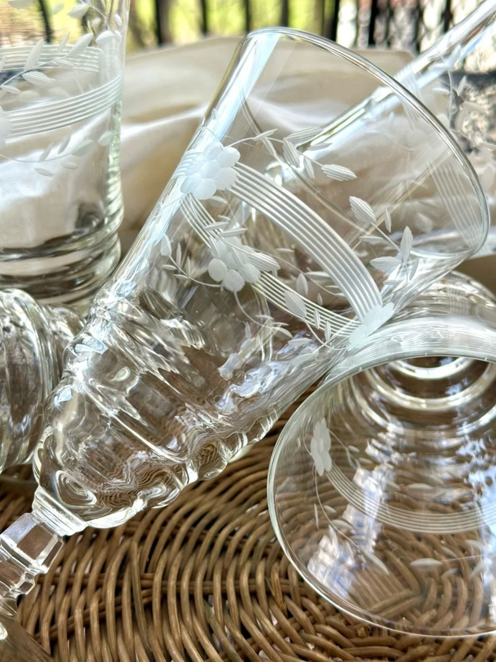 Vintage Etched Floral Goblets Set of 5 Clear Glass
